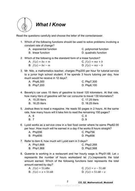 Quarter 2 Module 8: Solving Problems Involving Linear Functions.